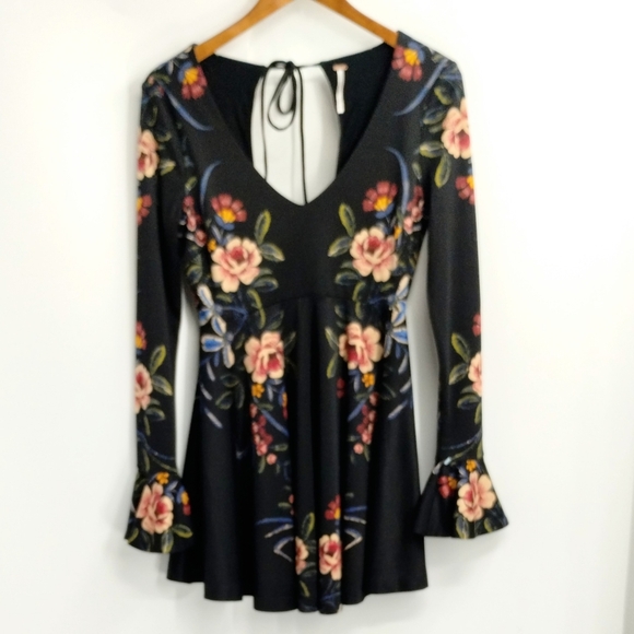Free People Date Night Black Floral Skater Mini Dress - Picture 2 of 14